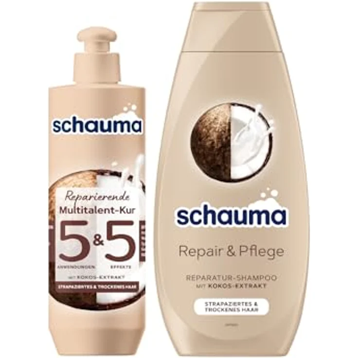 SCHAUMA 5&5 Reparierende Haarkur 300ml & Shampoo Repair 400ml, mit Kokos-Extrakt für strapaziertes Haar, vegane Formel – Bild 1