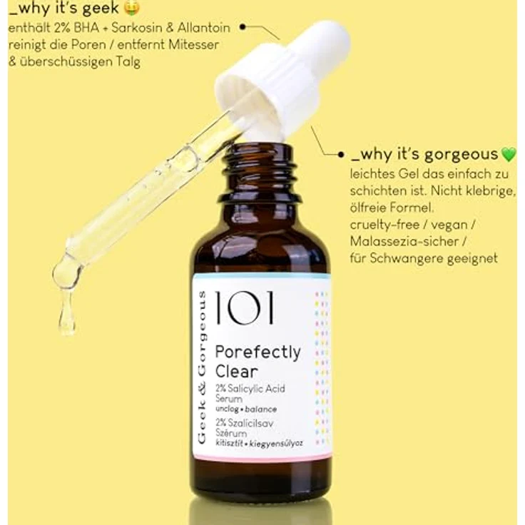 Geek & Gorgeous POREfectly CLEAR - Porenverfeinerndes Serum mit 2% Salicylsäure und Sarkosin - für klarere Haut - für Mischhaut und fettige Haut - 30 ml – Bild 5