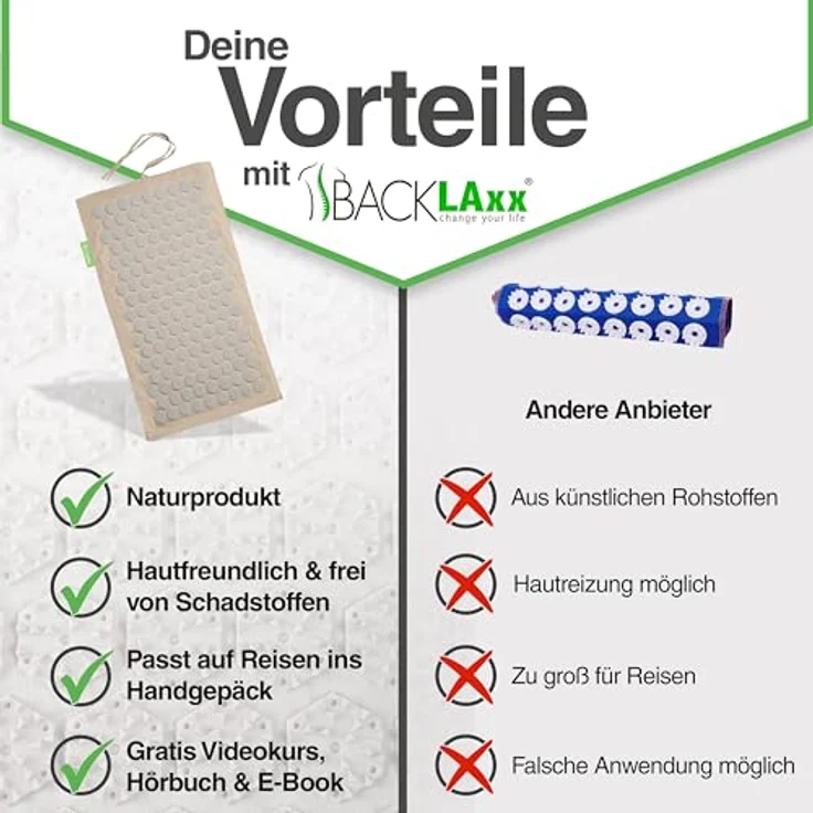 BACKLAxx® Akupressurmatte Set To-Go "Original", 6.960 Spitzen, umweltfreundliches Halbleinen, Kokosfaserfüllung und Naturlatex-Kissen – Bild 6