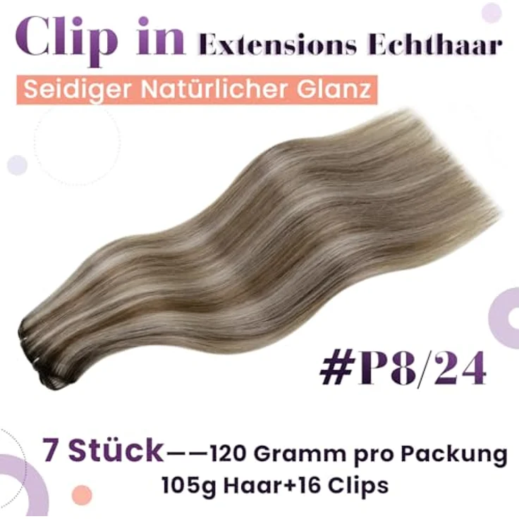 LaaVoo Haarverlängerung Clip in, Echthaar 7 Stück/105 g, 45 cm, doppelt, Weft Highlight, hellbraun/platinblond, Unisex – Bild 3