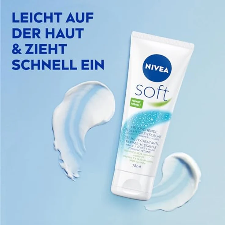 NIVEA Soft Erfrischende Feuchtigkeitscreme, leichte Creme mit Vitamin E und 100% natürlichem Jojoba-Öl, schnell einziehende Hautcreme für intensive Feuchtigkeit (75 ml) – Bild 2