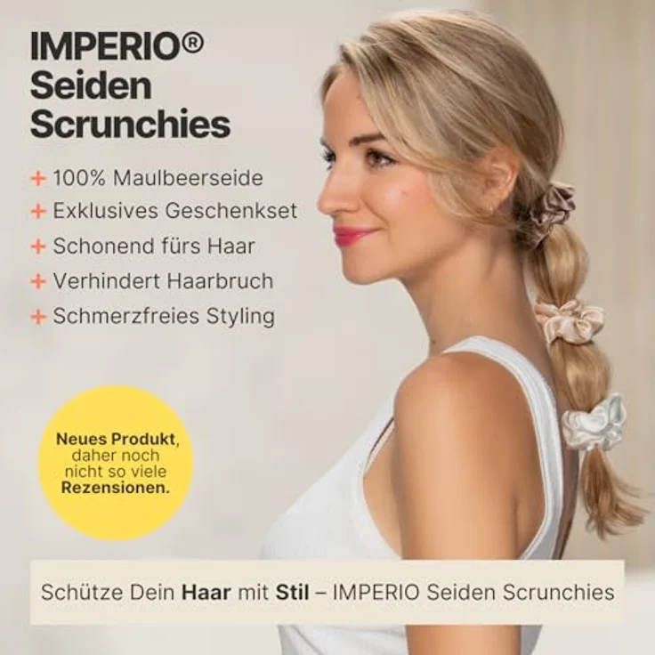 IMPERIO Seiden Scrunchies, 3er Set in Geschenkbox, 100% Maulbeerseide, 22 Momme Qualität, Classic (schwarz, weiß, hellgrau/silber) – Bild 3