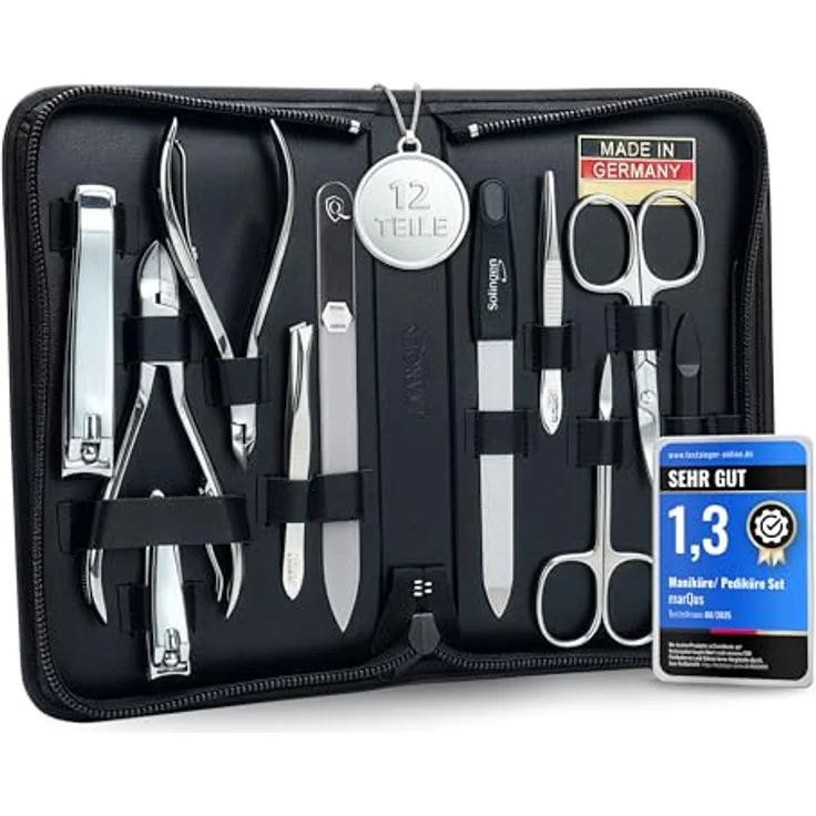marQus Solingen Maniküre Pediküre Set, 12-teiliges Kit in echtem Leder Etui, schwarz, inklusive Nagelschere, Hautschere, Glasfeile und mehr für professionelle Hand- und Fußpflege – Bild 1