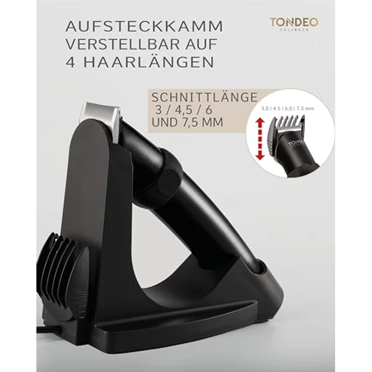 TONDEO Haarschneidemaschine XS LITHIUM BLACK | Barttrimmer Herren inklusive Ladestation und Aufsteckkamm für 5 verschiedene Schnittlängen | Haarschneider für Bart und Konturen – Bild 5