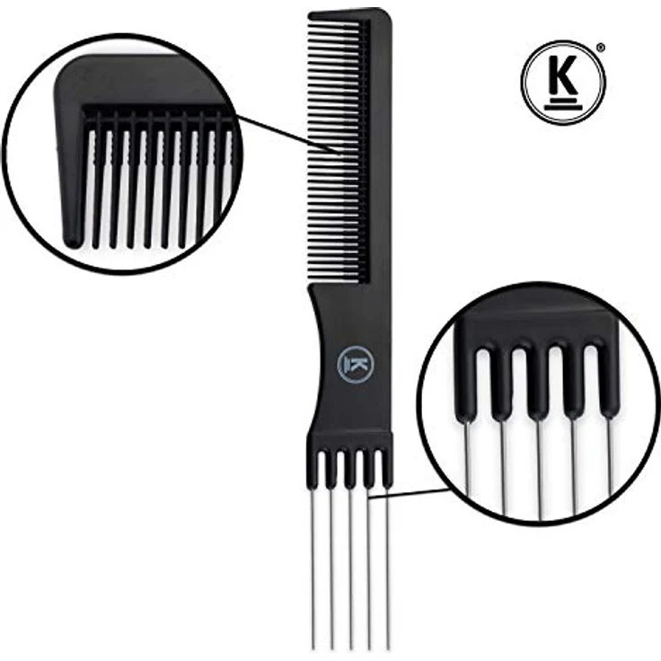K-Pro Toupierkamm - Schwarzer Friseur-Stielkamm mit Metallgabel & feinen Zähnen – Bild 2