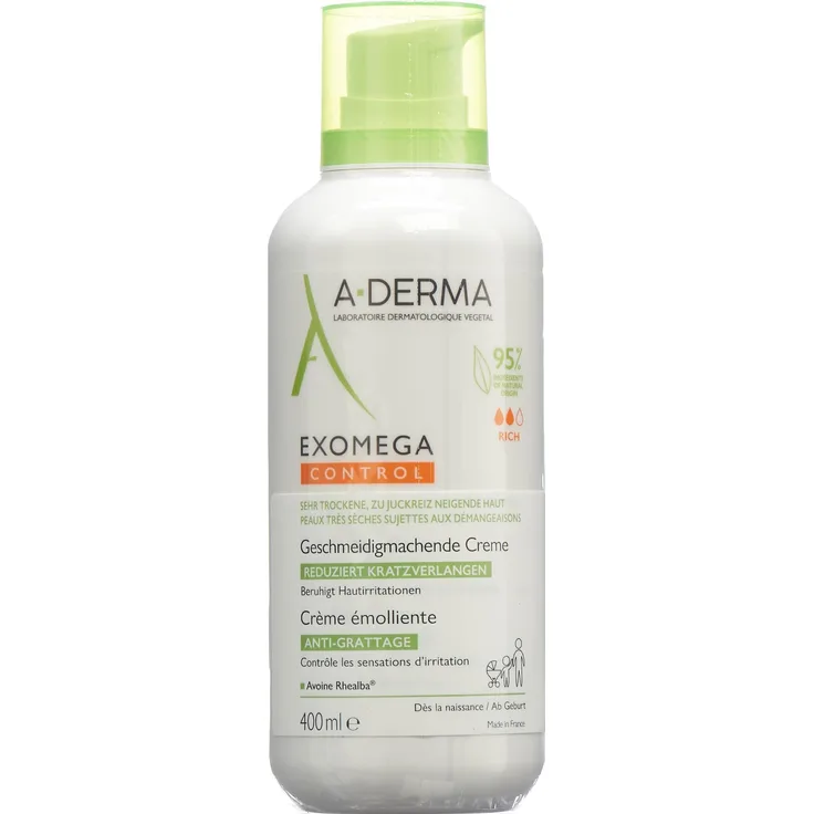 A-Derma EXOMEGA CONTROL Creme, Körpercreme zur Linderung von Juckreiz, 400 ml, parfumfrei, natürliche Inhaltsstoffe