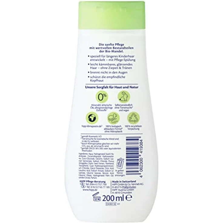 Hipp Babysanft Sensitive Shampoo mit Conditioner, für Kinder ab der Geburt, 200 ml, sanfte Reinigung ohne Parfüm, vegan – Bild 2