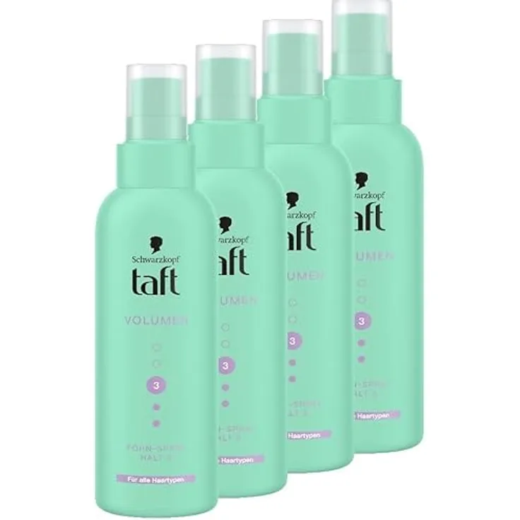Schwarzkopf Taft Föhn-Spray Volumen, Haltegrad 3, 4x150ml, Föhnspray für alle Haartypen, vegane Formel, Föhnschutz