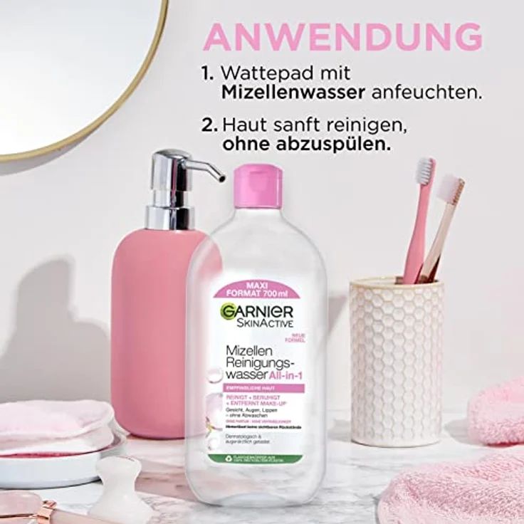 Garnier Mizellen Reinigungswasser, Für eine sanfte Reinigung und schonendes Abschminken, Beruhigendes und feuchtigkeitsspendendes Gesichtswasser, SkinActive, 1 x 700 ml – Bild 5