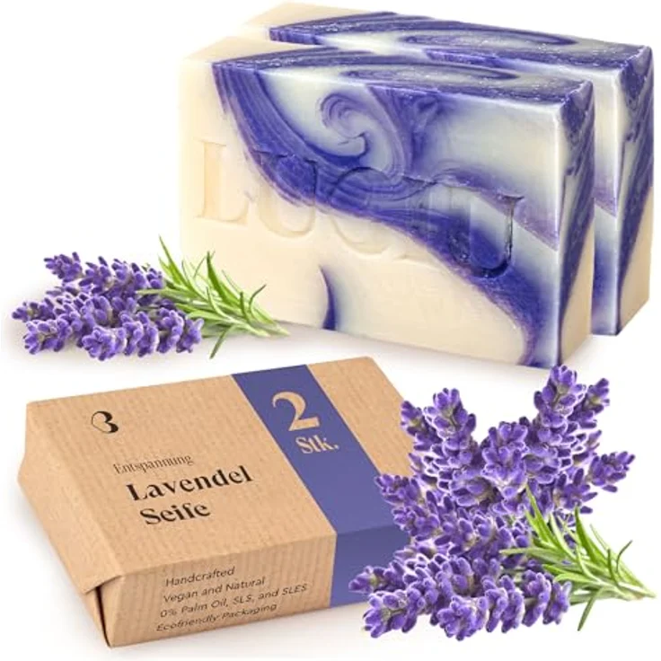 lubiu Lavendelseife 2 x 100g, handgemachte Naturseife ohne Palmöl, für alle Hauttypen, feuchtigkeitsspendende Duftseife, vegan, papierverpackt – Bild 1