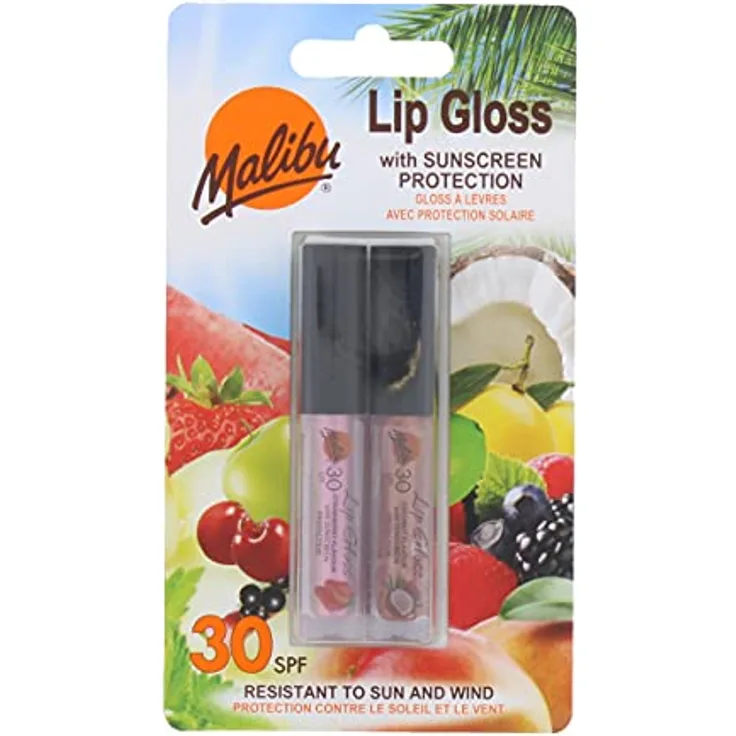 Malibu Sun and Wind Resistant Lipgloss mit LSF 30 Sonnenschutz, 2er Pack (2 x 1,5 ml) Coconut and Strawberry