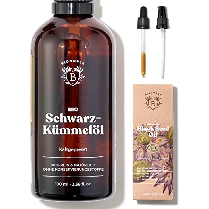 Bionoble Schwarzkümmelöl Bio 100ml - Glasflasche + Pipette + Pumpe - 100% Kaltgepresst und Ungefiltert - Gesicht, Körper, Haare - Ägyptisches Schwarzkümmel Öl - Vegan Organic Black Seed Oil