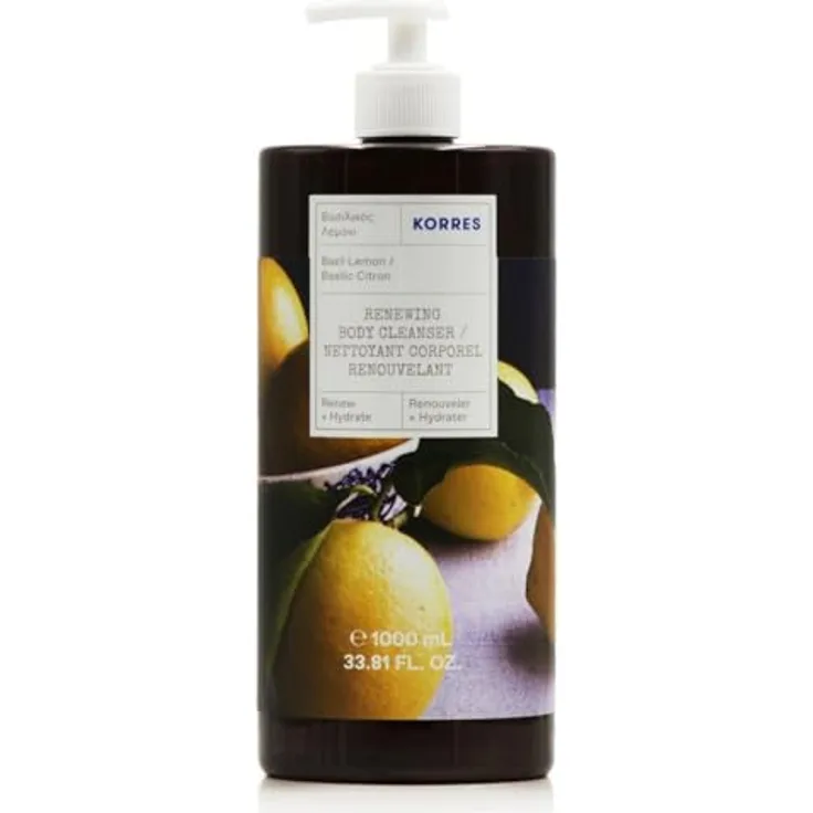 KORRES Renewing Body Cleanser Basilikum Zitrone, 1 l, 2 Stück - Frisches Duschgel mit Aloe-Extrakt und Weizenproteinen