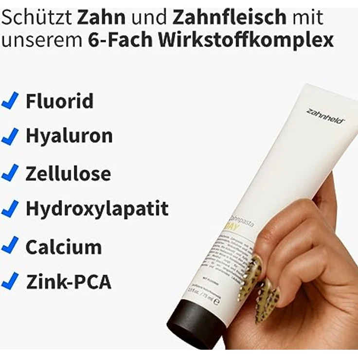 Zahnheld Zahnpasta Day & Night Zahncreme Set, 6-facher Wirkstoffkomplex mit Hyaluron, Fluorid und Minzgeschmack, 2 x 75ml Tube – Bild 7