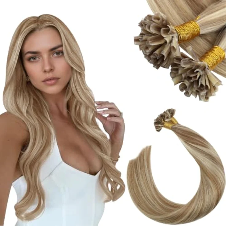 Ugeat Bonding Extensions Echthaar Goldbraun Blond, 35 cm, 50 Strähnen, U Tip Keratinbonds, nahtlos und hitzebeständig bis 180 °C, #10/613 – Bild 1