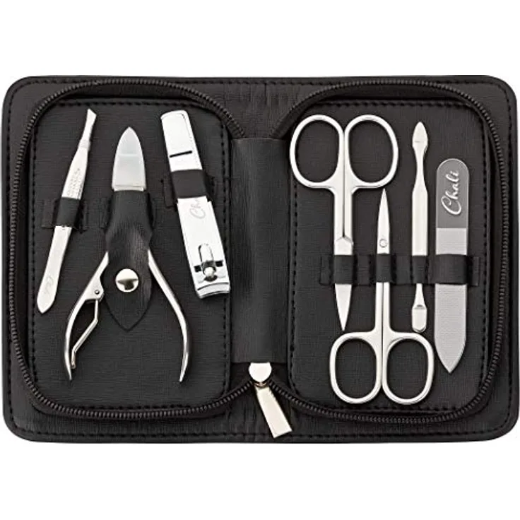 Chali® Nagel Set 7-tlg. mit Etui, Edelstahl Maniküre/Pediküre Set - Nagelschere, Nagelknipser, Pinzette, Glasnagelfeile uvm