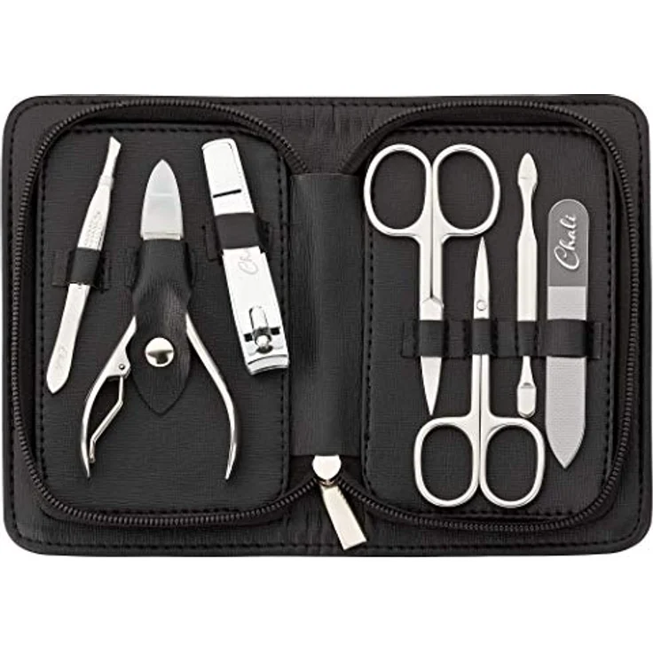 Chali® Nagel Set 7-tlg. mit Etui, Edelstahl Maniküre/Pediküre Set - Nagelschere, Nagelknipser, Pinzette, Glasnagelfeile uvm – Bild 1