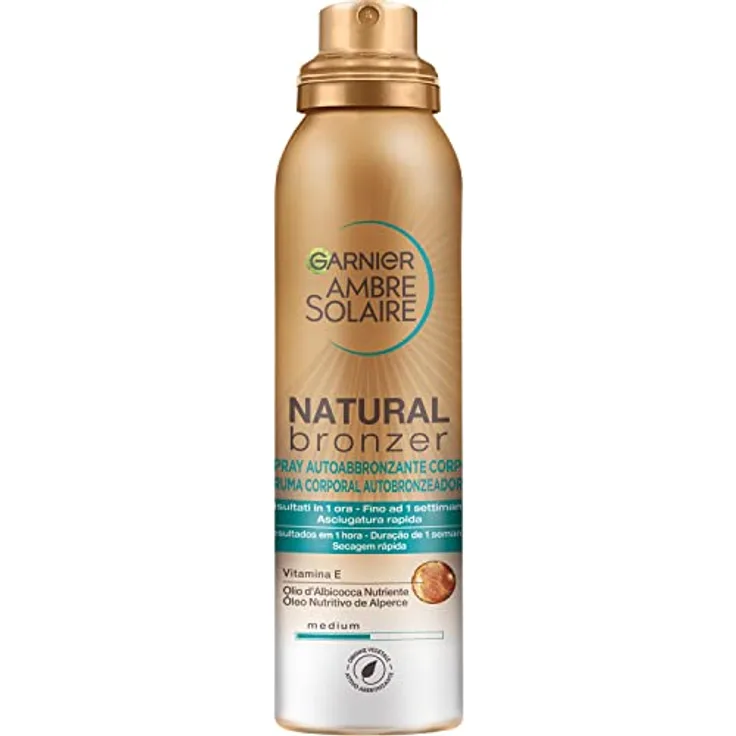 Garnier Natural Bronze Selbstbräunungsspray für eine gleichmäßige und natürliche Bräunung, schnell einziehend, pflegende Wirkung, mit Aprikosenöl und Vitamin E, Ambre Solaire 150 ml