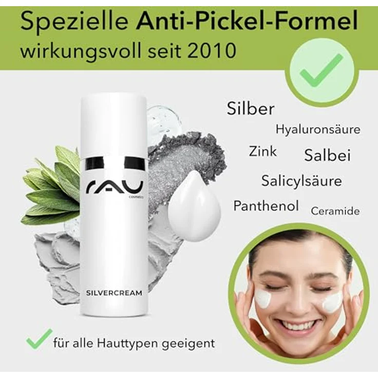 RAU Cosmetics® Silbercreme mit kolloidalem Silber [GEGEN UNREINE HAUT] - inkl. praktischem Dosieraufsatz - Silvercream 50ml bei Akne - Anti Pickel Creme mit Zink & Salicylsäure (für alle Hauttypen) – Bild 3