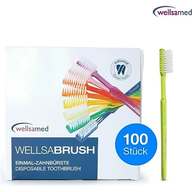 wellsamed Wellsabrush Einmalzahnbürsten mit Zahnpasta, Einwegzahnbürsten, Reisezahnbürsten, gelbgrün-transparent, 100 Stück – Bild 3