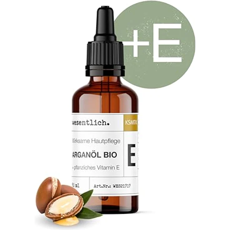 wesentlich. BIO Arganöl mit Extra Vitamin E, kaltgepresst, 100% naturrein, Kosmetik für Gesicht, Haut & Haare, Anti-Aging, Glasflasche mit Pipette, 50ml – Bild 2