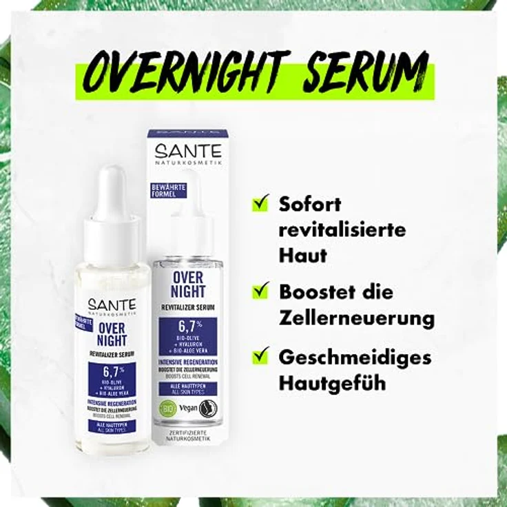 Sante Naturkosmetik Overnight Revitalizer Serum mit Bio-Olive, Hyaluron & Bio-Aloe Vera, 30 ml, für intensive Feuchtigkeit und revitalisierte Haut – Bild 3