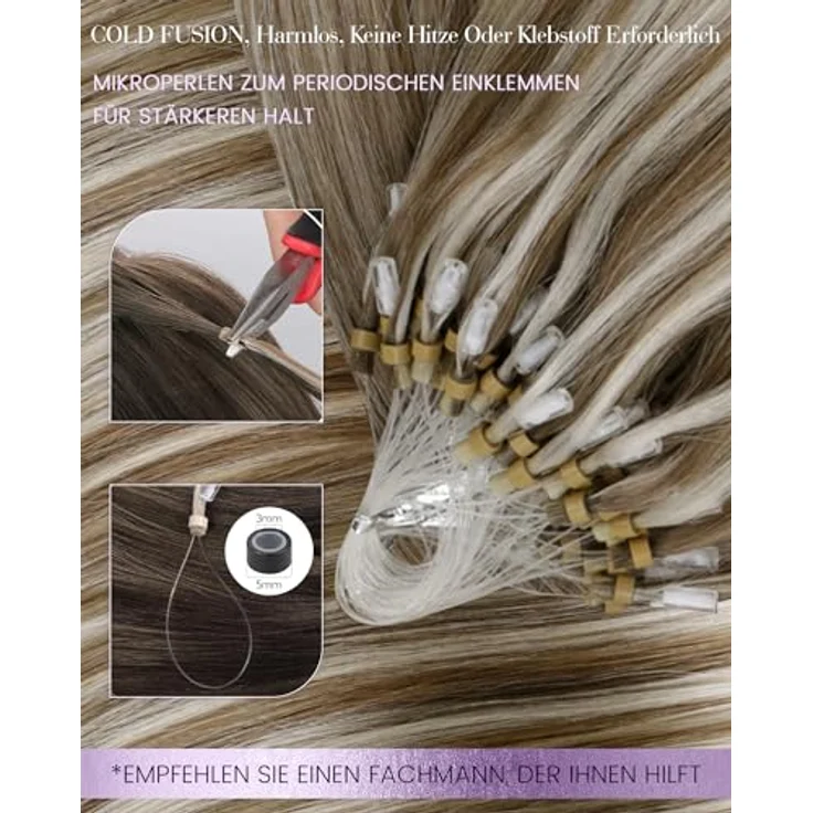 LaaVoo 55cm Microring Echthaar Extensions, 50g, Hellbraun Highlighted und Hellblond, 1g Invisible Micro Loop, #P8/24 – Bild 3