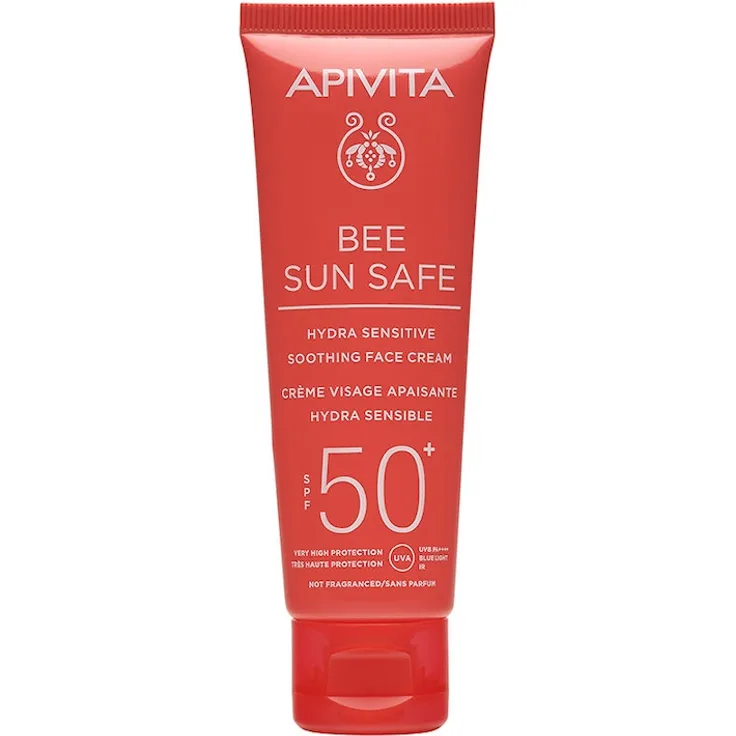 Apivita BEE SUN SAFE Hydra Sensitive, beruhigende Gesichtscreme LSF 50+ ohne Duftstoffe, wasserfest, 50 ml
