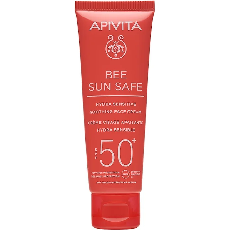 Apivita BEE SUN SAFE Hydra Sensitive, beruhigende Gesichtscreme LSF 50+ ohne Duftstoffe, wasserfest, 50 ml
