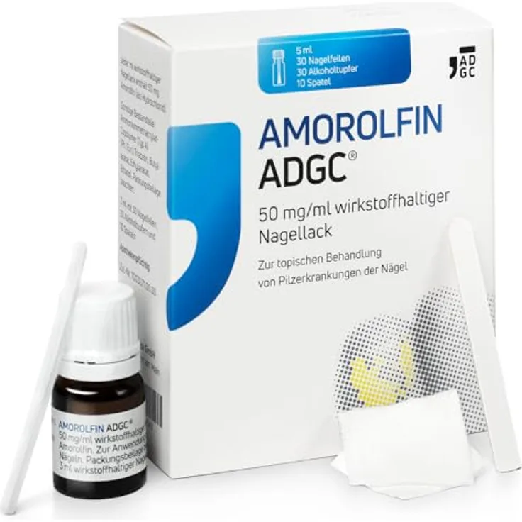 AMOROLFIN ADGC 50 mg/ml 5ml - wirkstoffhaltiger Nagellack zur effektiven Behandlung von Nagelpilz - Set mit 30 Einwegpfeilen, Alkoholtupfern und 10 Spateln - transparent & wasserfest