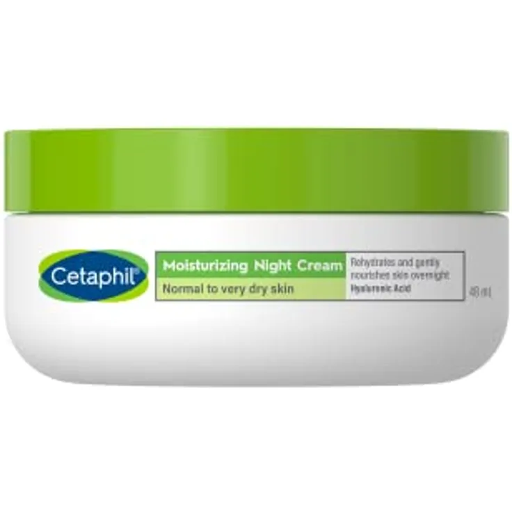 Cetaphil Crema Hidratante Noche Facial, 48 Ml - Para pieles normales y secas, con Ácido Hialurónico y extracto de oliva