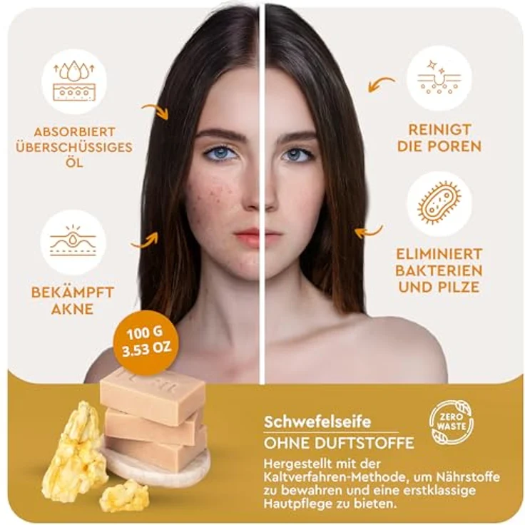 lubiu Schwefel Seife Stück - 100g Naturseife gegen Pickel, tiefenreinigend und talgregulierend, für empfindliche Haut – Bild 3