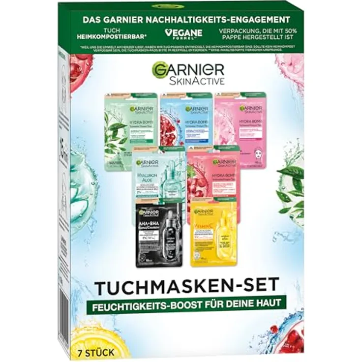 Garnier Tuchmasken Set, 7 Gesichtsmasken für jeden Hauttyp, vegane Formel mit Hyaluronsäure, inklusive Hydra Bomb und Nutri Bomb Masken, 7 x 28 g