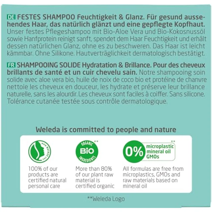 WELEDA Bio Festes Shampoo Feuchtigkeit & Glanz - Naturkosmetik Haarpflege Seife mit Aloe Vera, Kokosnussöl & Hanfprotein, vegan (50g) – Bild 3