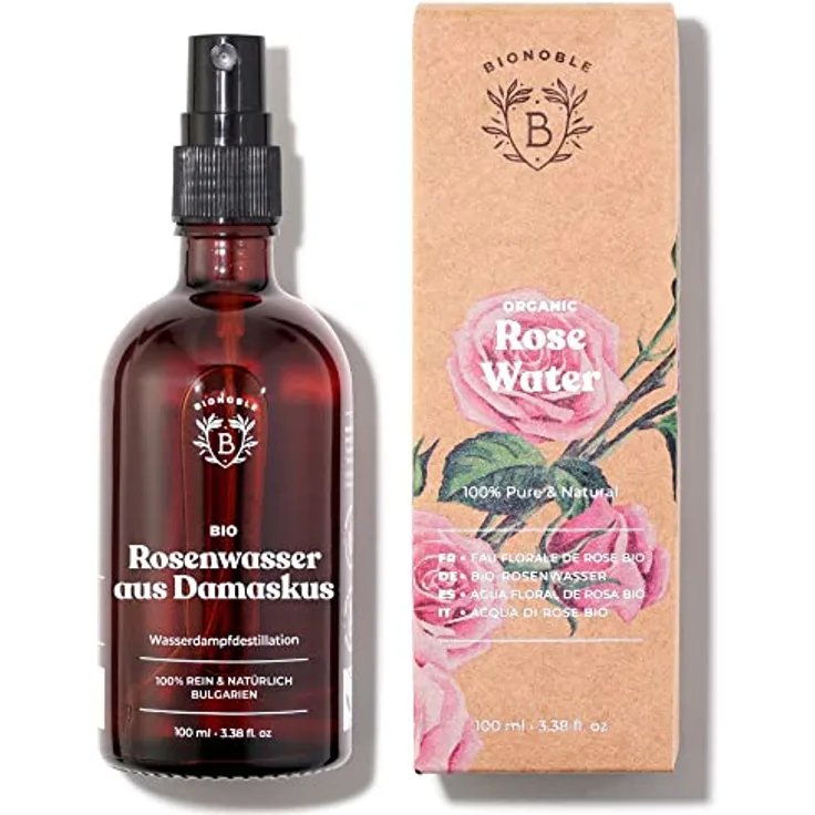 Bionoble Rosenwasser Bio 100ml - Hydrolat aus Damaszener-Rosen 100% Rein und Natürlich - Gesicht, Augenpartie, Körper, Haare - Rose Water - Glasflasche + Spray