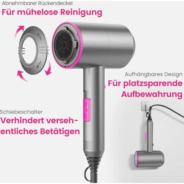 CASAMAA Ionen Föhn AC-Motor Haartrockner, Profi Fön mit 3 Temperaturstufen, 2 Gebläsestufen, Kaltlufttaste, 3 Stylingdüsen & Diffusor, energieeffizientes Design – Bild 5