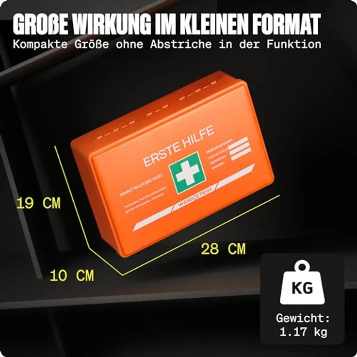 Werkstein Erste-Hilfe-Koffer DIN 13157:2021 Small - Wandhalterung, 3x Aufkleber, Gesichtsmasken & Feuchttücher - Orange – Bild 7