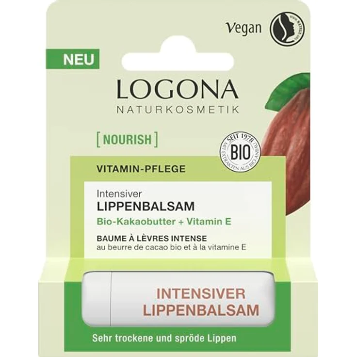 LOGONA Naturkosmetik NOURISH Lippenbalsam mit Bio-Kakaobutter und Vitamin E, 4,6 g - Vegan und natürliche Inhaltsstoffe für sehr trockene und spröde Lippen – Bild 1