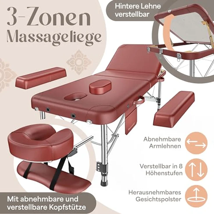 KESSER® Massageliege 3 Zonen, klappbar und verstellbar bis 250kg, tragbare Kosmetikliege mit Aluminium-Kopfstütze, Armlehne, Anti-Rutsch-Füßen, 60cm, Bordeaux – Bild 3