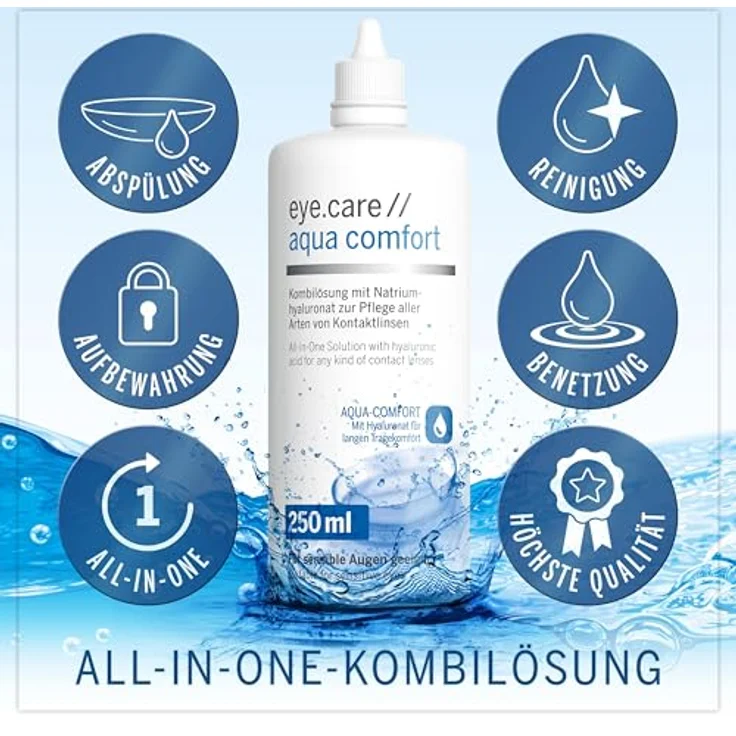 EYE CARE COMPANY Eye.care Kontaktlinsen Flüssigkeit - Premium 250ml mit Hyaluron, antibakterieller Behälter, für alle weichen Kontaktlinsen – Bild 4