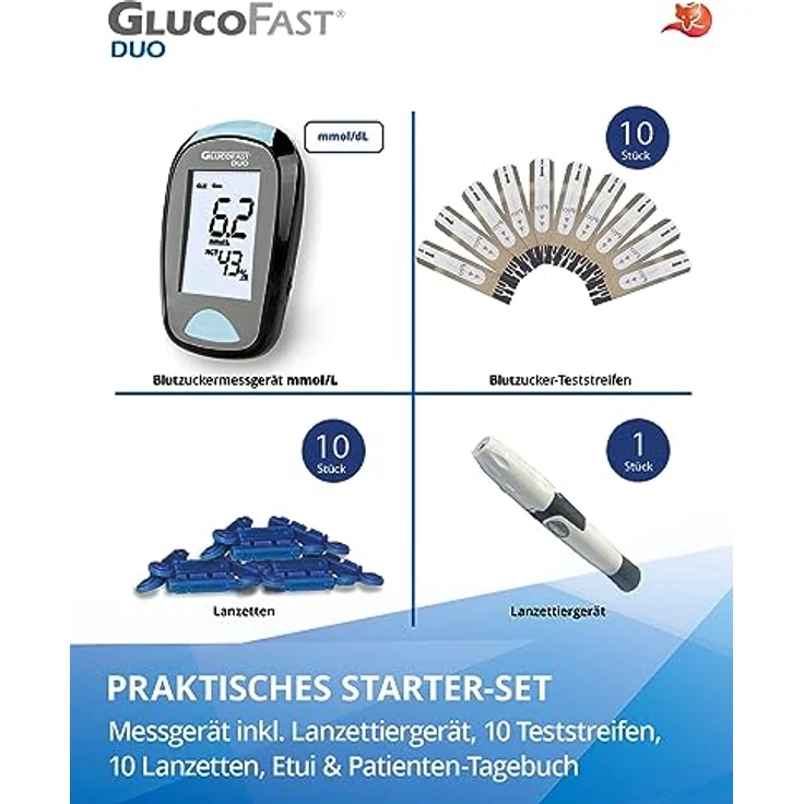 GLUCOFAST Duo Blutzuckermessgerät Starter-Set, inkl. 10 Teststreifen & Lanzetten, präzise Blutmessung in mmol/L, kompakt und schmerzarme Anwendung – Bild 5