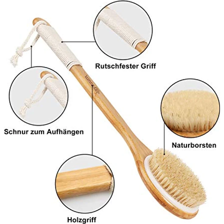 JAYZUUM 2er Set Rückenbürste, Trockenbürste mit langem Stiel aus natürlicher Borste, Körperbürste für Peeling und Massage, 40 cm Länge – Bild 2