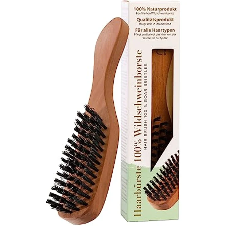 remos professional body care REMOS Haarbürste, 100% Wildschweinborste aus Birnbaumholz, schmaler Griff, ergonomisches Design, plastikfrei – Bild 1