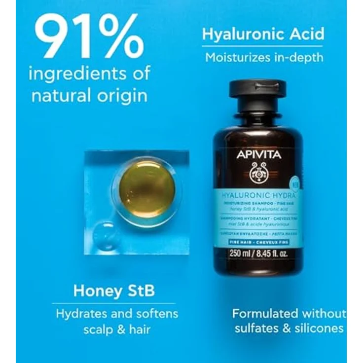 Apivita Hyaluronic Hydra Moisture Shampoo, 250ml, feuchtigkeitsspendendes Haarshampoo für glanzvolles und gesundes Haar – Bild 3