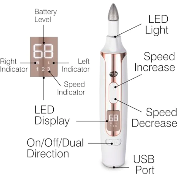 Rio Precision Pro, Nagelpflegegerät mit 7 Aufsätzen und 4 Geschwindigkeitsoptionen, wiederaufladbar, LED-Licht, digitale Anzeige – Bild 3