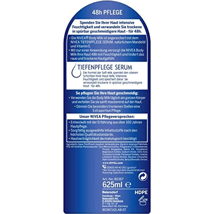NIVEA Reichhaltige Body Milk (625 ml), für 48h Feuchtigkeitspflege, Lotion mit 5 in 1 Formel für trockene Haut mit Tiefenpflege Serum, Mandelöl und Vitamin E – Bild 2