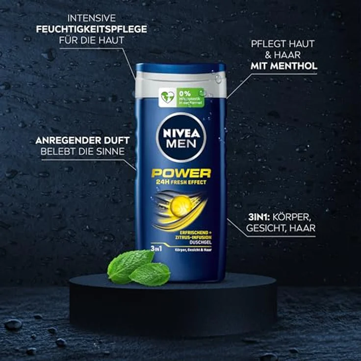 Nivea Men Power Duschgel (250 ml), pH-hautneutral mit Menthol, vitalisierender Duft, kühlend, für Körper, Gesicht und Haar – Bild 2