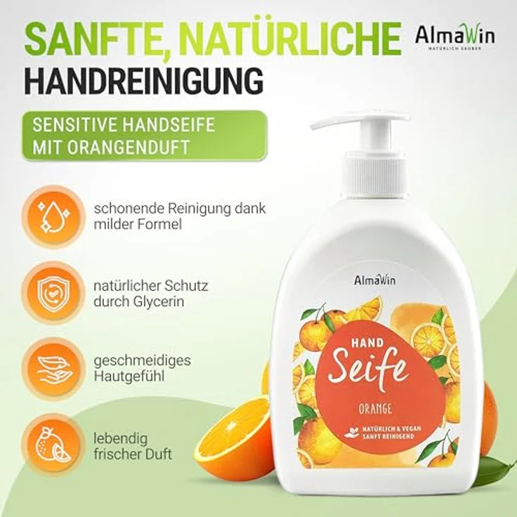 AlmaWin® Handseife flüssig mit Orangen-Duft [500ml] - Vegane Flüssigseife für sanfte Hand- und Körperpflege - Praktischer Spender - Hautmild und natürlich – Bild 2
