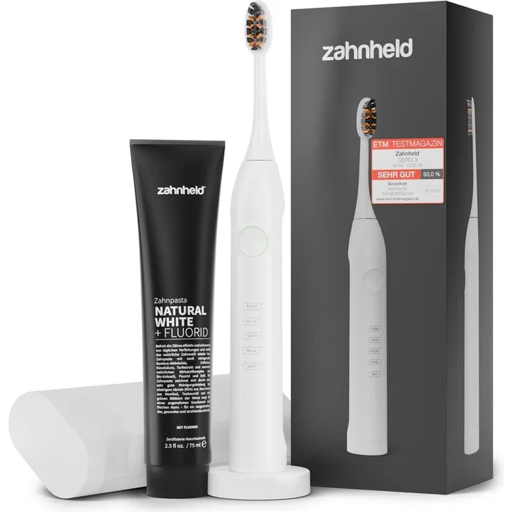 Zahnheld Gero Schallzahnbürste Set, elektrische Zahnbürste mit langer Akkulaufzeit und schwarze Aktivkohle Zahnpasta Natural White