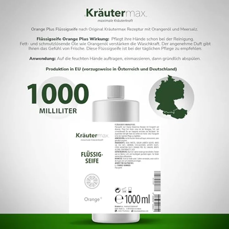 Orange Flüssigseife Seife mit Orangenöl Naturrein für die Haut Kosmetik 1 x 1000 ml – Bild 2